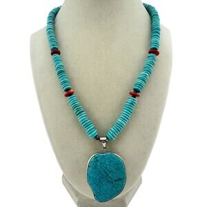 Polished Turquoise Coral Freeform Pendant Heshi Bead Silver Tone 18” Necklace
